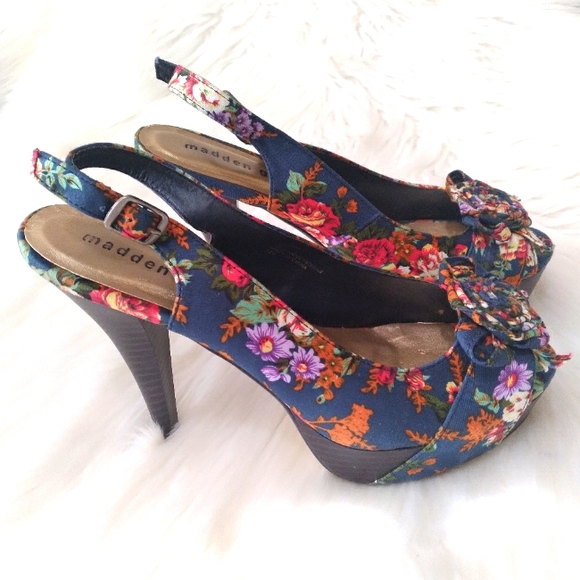 Madden Girl Women's Hizzie Blue Floral Peep Toe Slingback Heels Sz 8M - Picture 6 of 12